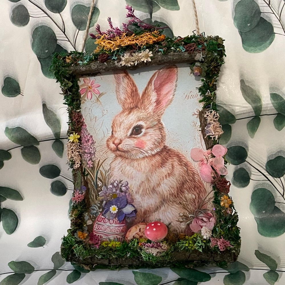 Charming Easter Spring Bunny and Floral Nature Art with Moss - wall hanging 4x6